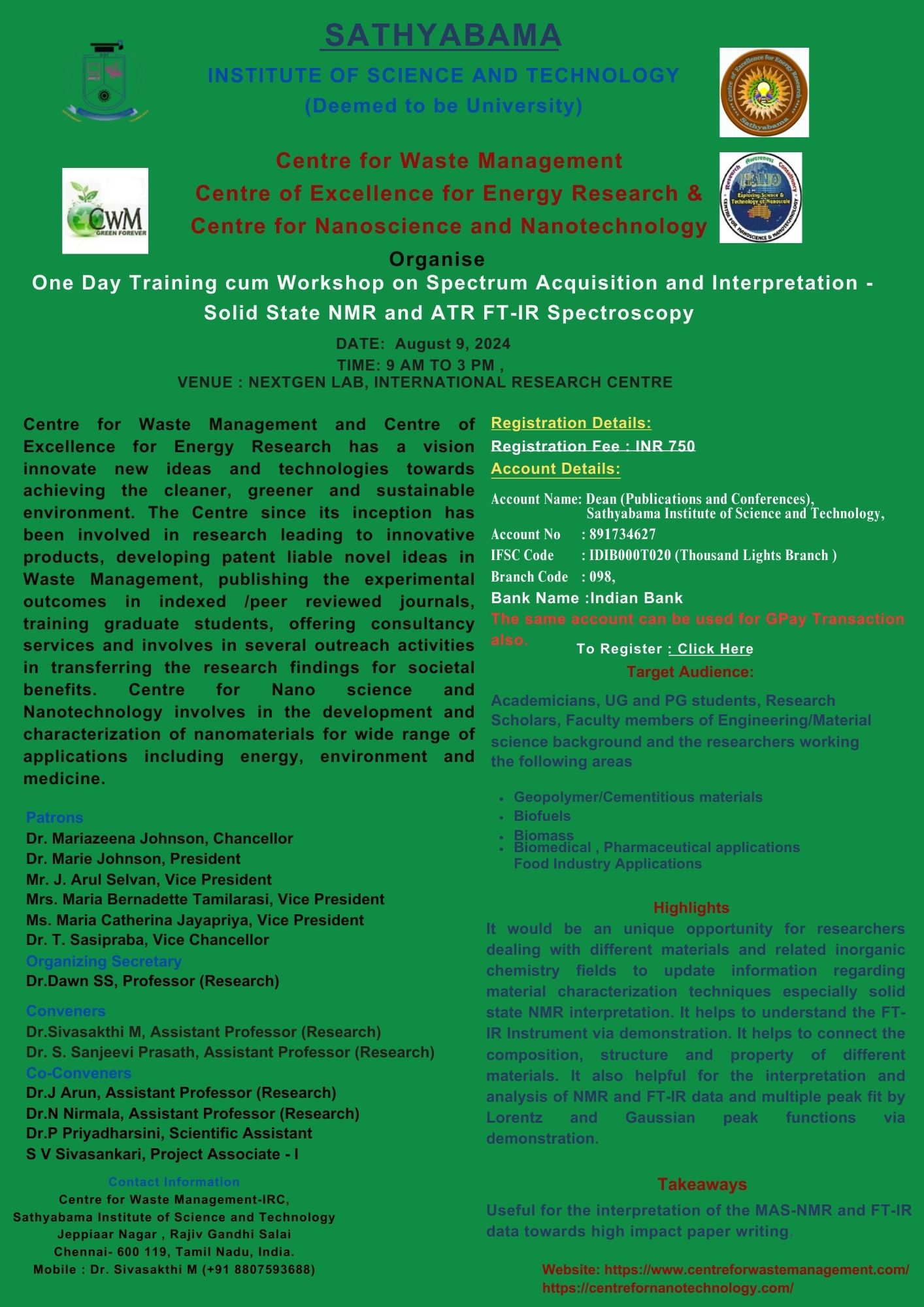 One Day Training cum Workshop on Spectrum Acquisition and Interpretation -Solid State NMR and ATR FT-IR Spectroscopy 2024